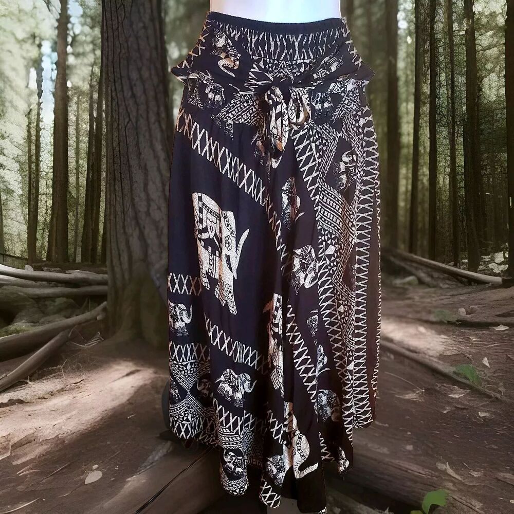 Bohemian Maxi Skirt with Pirate Elephant Print Small